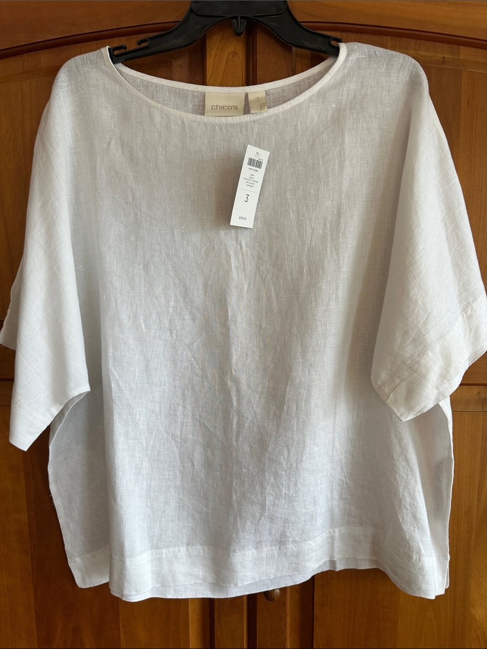 Chico's White Linen Boxy Short Sleeve Tunic, NWT, Chico's size 3, P-T-P is 26"